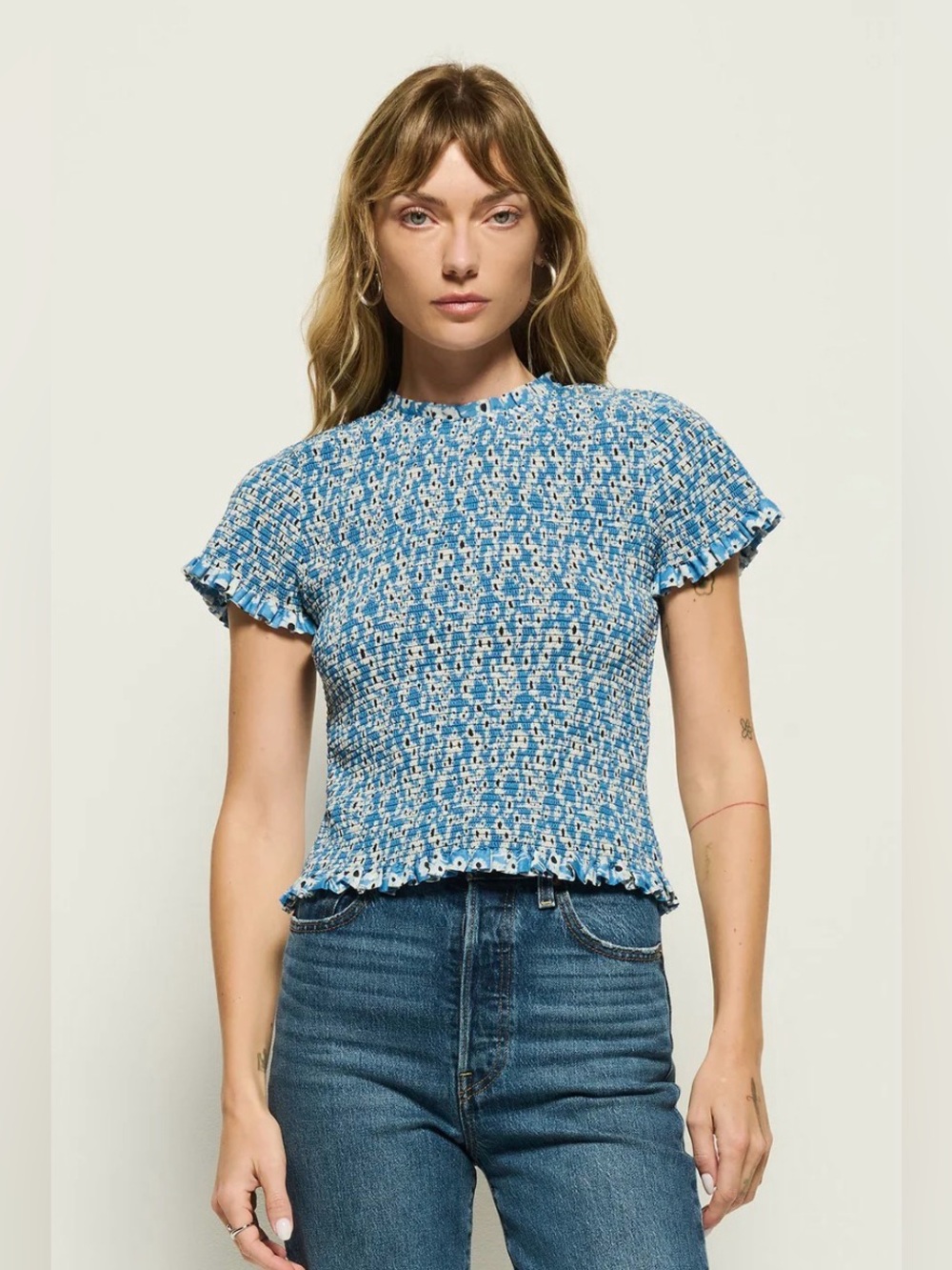 NATION LTD Evie Smocked Top in Blue Hazy Daisy Pima Cotton Sz Large